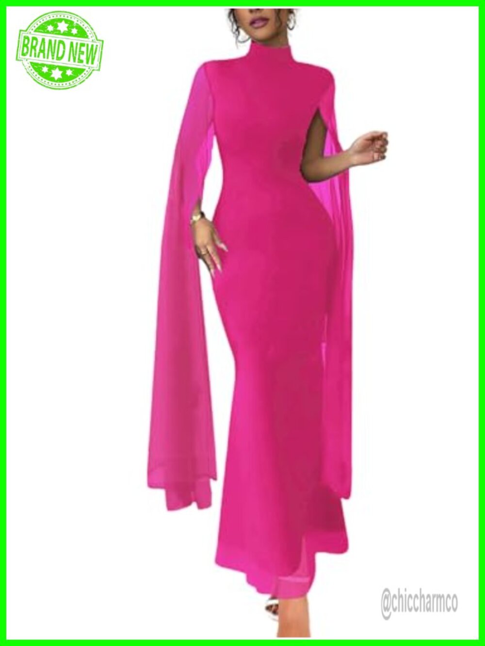 Women's Mock Neck Bodycon Maxi Dress Cape Sleeve Formal Evening Gown